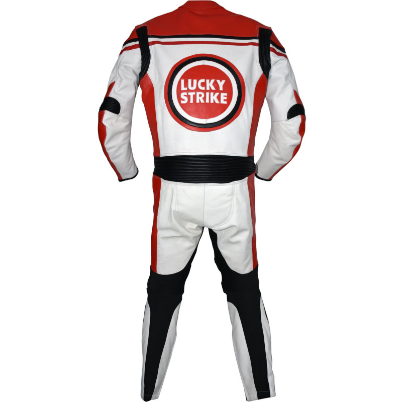 Lucky Strike Red & White Biker One Piece Leather Motorcycle Suit