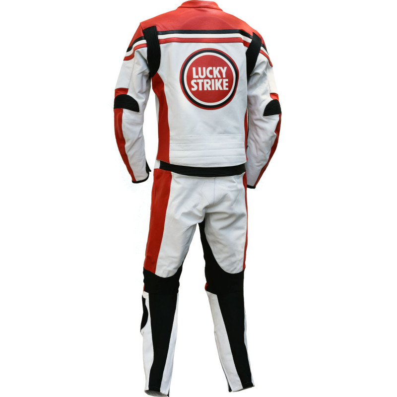 Lucky Strike Red & White Biker Two Piece Leather Motorcycle Suit