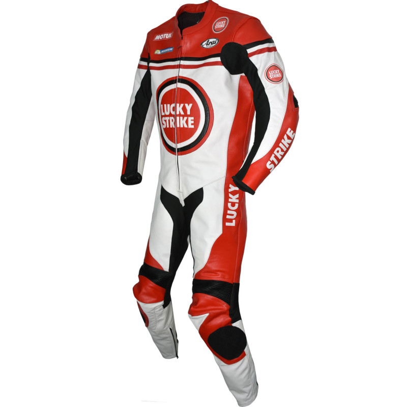 Lucky Strike Red & White Biker One Piece Leather Motorcycle Suit