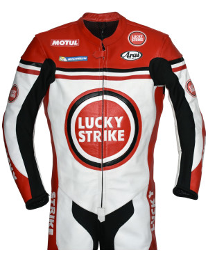 Lucky Strike Red & White Biker One Piece Leather Motorcycle Suit