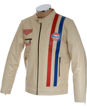 SALE - Steve McQueen GRAND PRIX HEUER Cream Leather Jacket